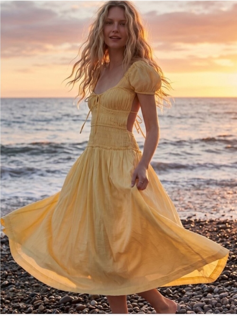 Free People Feeling Bonita Maxi Dress Open Back Cotton Yellow Pineapple Slice S